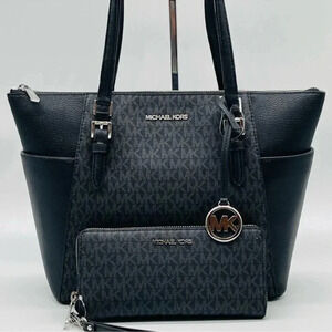 Michael Kors Large Top Zip Tote Bag Black & Continental Wallet Black